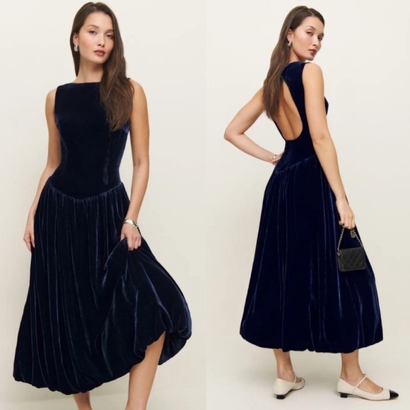 Reformation Elvira Velvet Boat Neck Open Back Midi Maxi Dress Navy NWT Size 6 - Picture 16 of 16